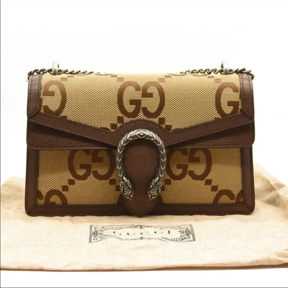GUCCI Monogram Jumbo GG Textured Dollar Calfskin Medium Dionysus Camel Ebony - Picture 1 of 9